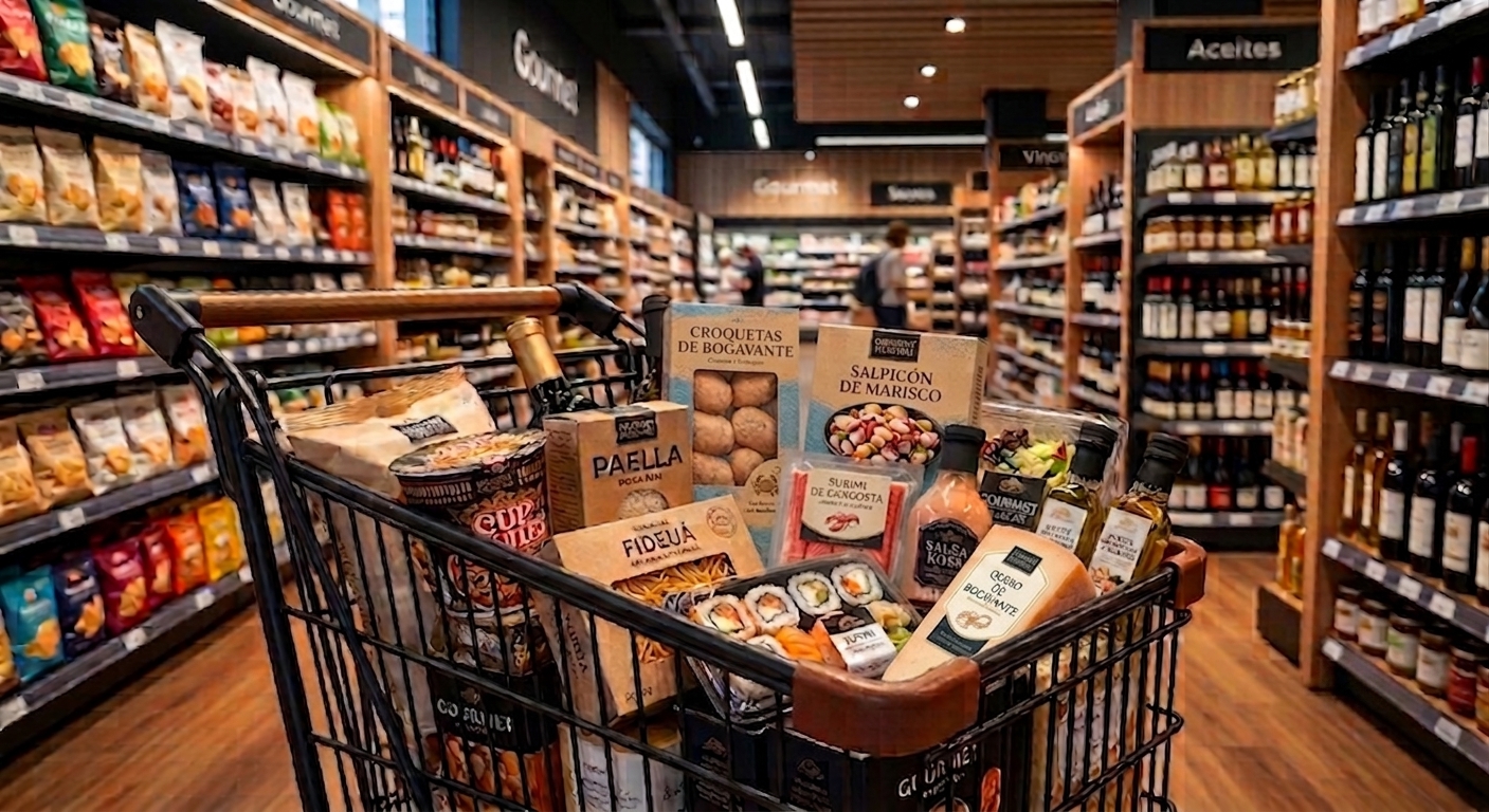 Carrito de supermercado con productos gourmet de marisco