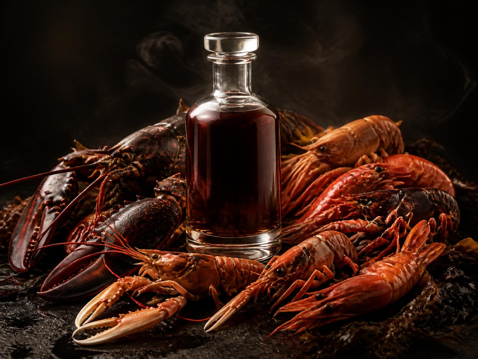Botella de esencia de marisco con mariscos frescos